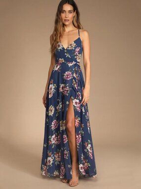 Lulus Always There For Me Navy Blue Floral Print Wrap Maxi Dress Size Small